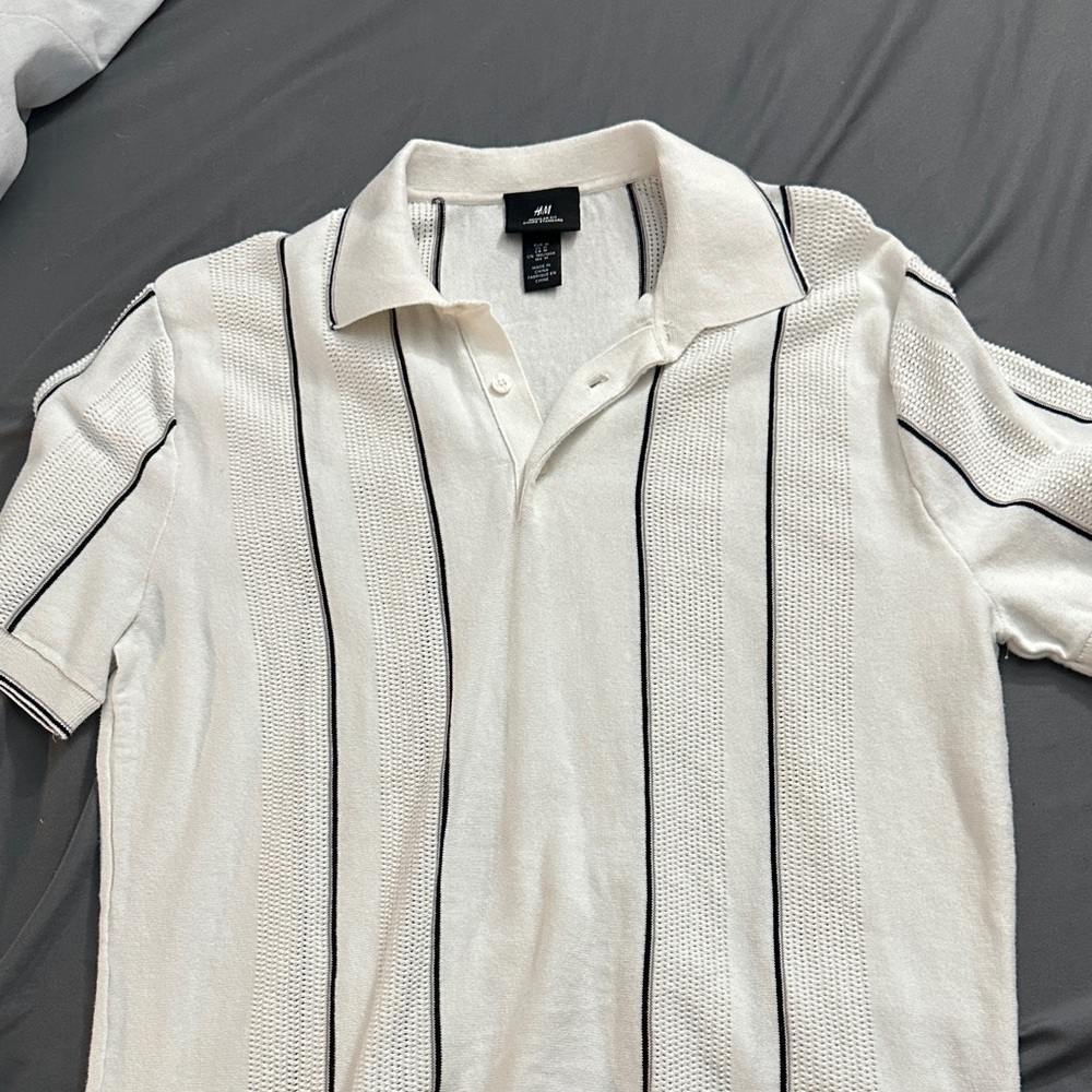 H&M Men's Polo Shirt in Cream with Black Stripes